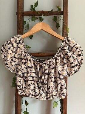 Lily Rose Daisy Puff-Sleeve Crop Top - Black/White/Yellow